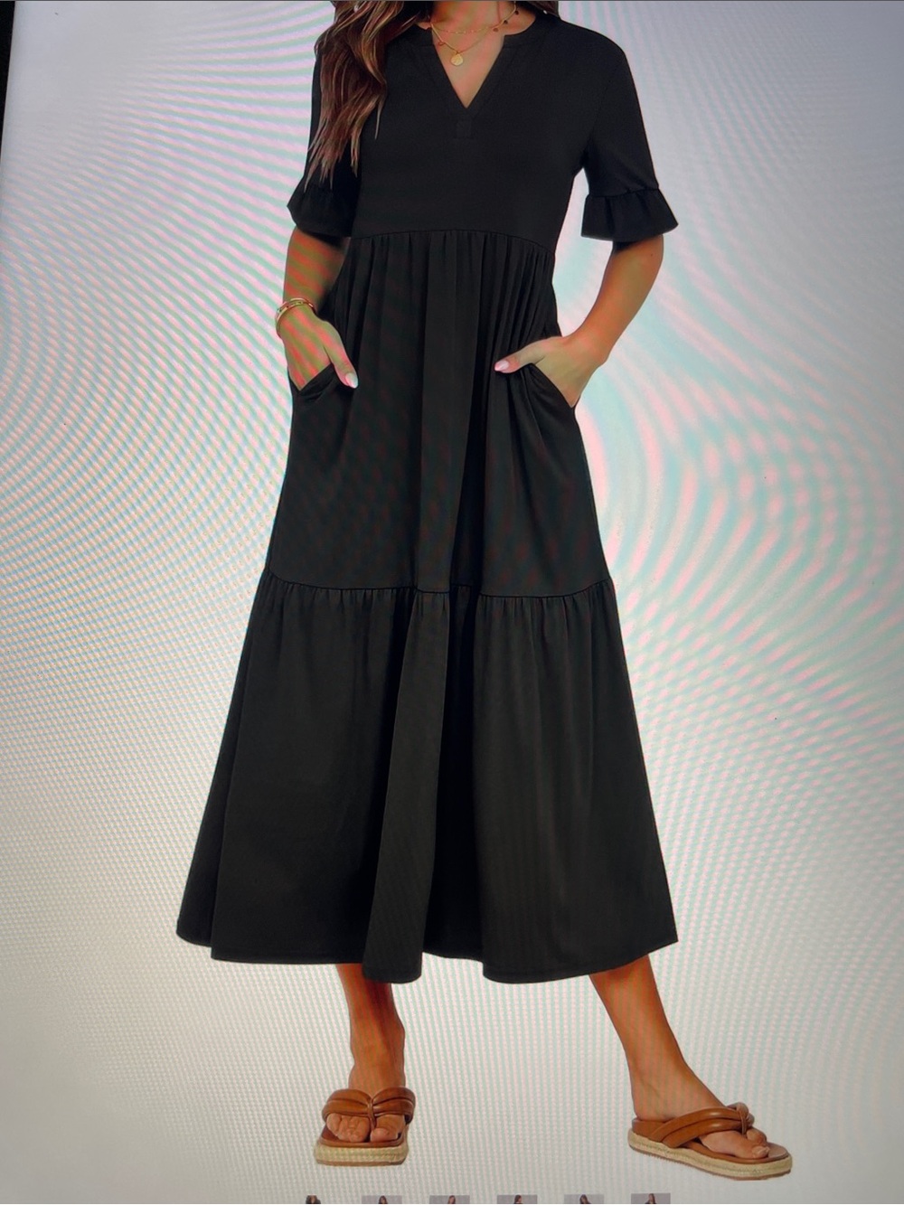 Black Short-Sleeve Tiered Midi Dress Dress Sz L